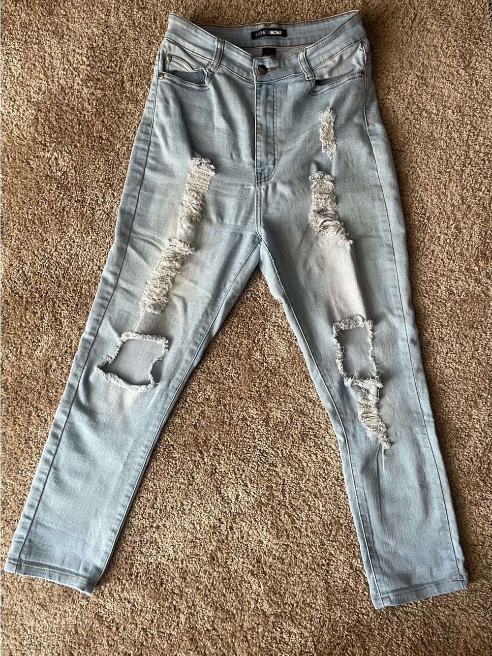 Fashion Nova Light Wash Distressed Skinny Jeans Size 11 / 12 High Rise Ripped